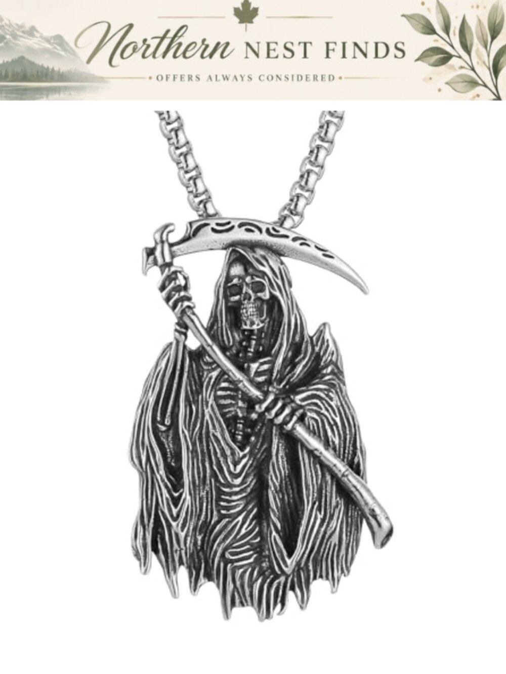 Stainless Steel Gothic Grim Reaper Skull Pendant Necklace Men's Religious